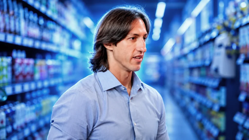Homem em primeiro plano, com corredores de supermercado ao fundo em tons de azul.