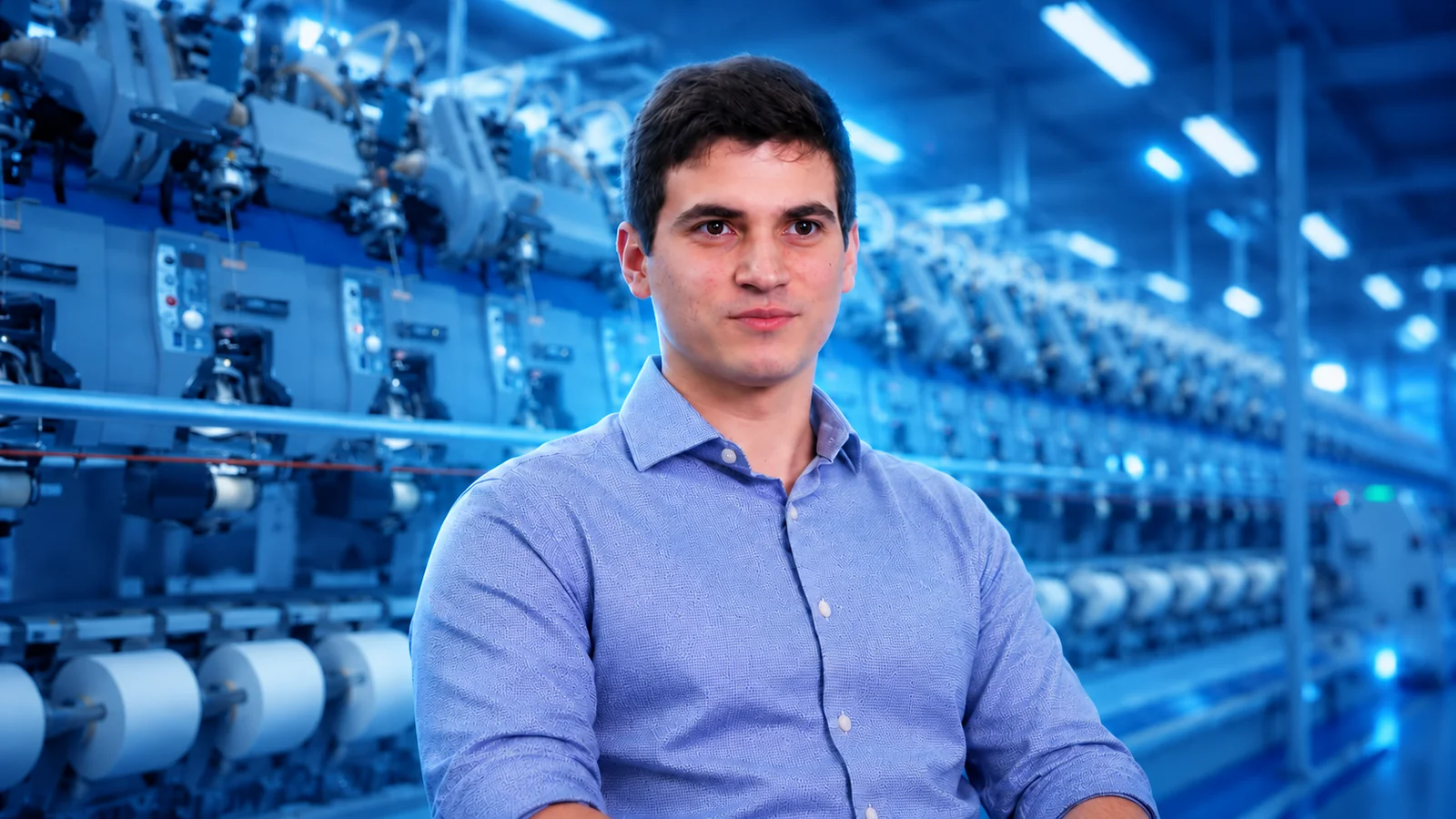 Homem em primeiro plano, com máquinas de uma indústria têxtil ao fundo em tons de azul.